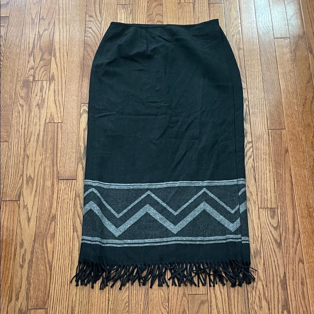 Nine & Company Black Wool Wrap Midi With Fringe Skirt Sz 12 NWT